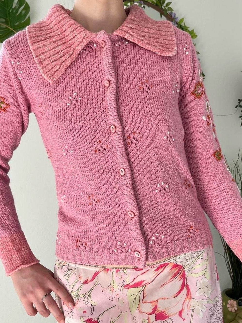 ✧ Pink Embroidered Button-Up Knit Cardigan ✧ - Picture 2 of 6
